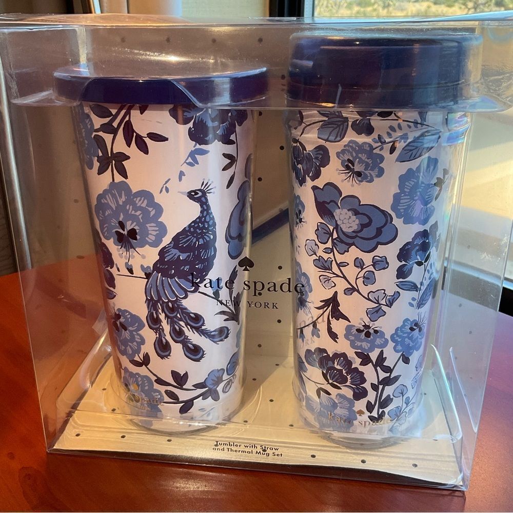 Kate Spade Peacock Floral‎ Tumbler w/Straw & Thermal Mug